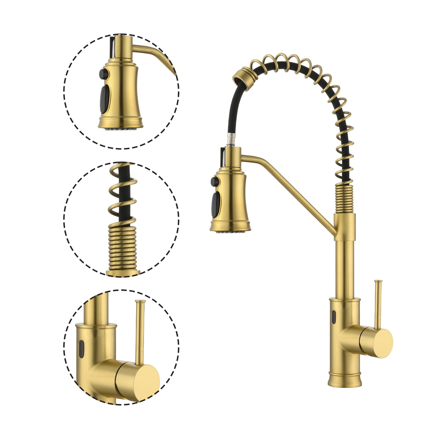 Single Handle Pull Out Sprayer Kitchen Faucet in Brushed Gold