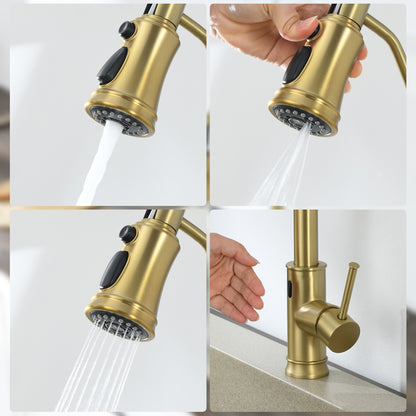 Single Handle Pull Out Sprayer Kitchen Faucet in Brushed Gold
