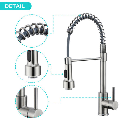 LED Single Handle Pull Down Sprayer Kitchen Faucet with Advanced Spray 1-Hole Brass Kitchen Sink Taps in Brushed Nickel