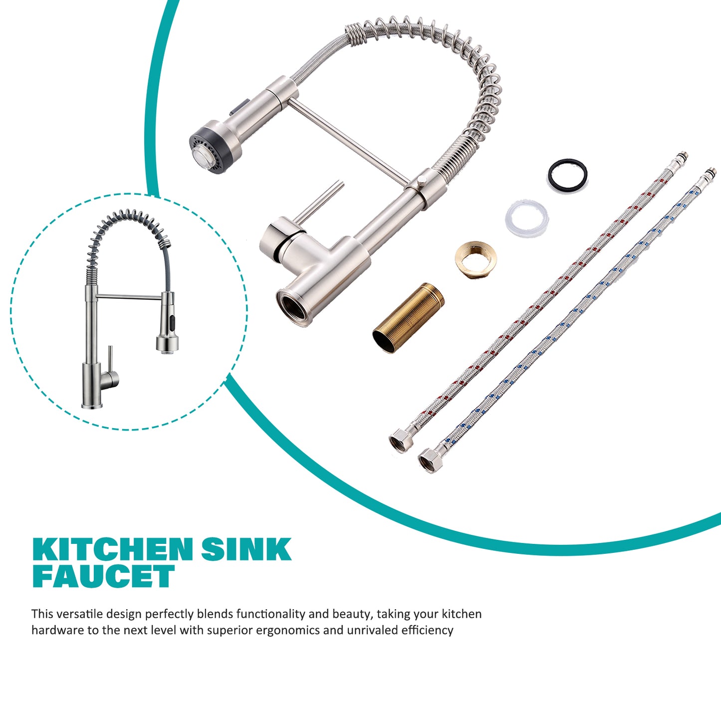 LED Single Handle Pull Down Sprayer Kitchen Faucet with Advanced Spray 1-Hole Brass Kitchen Sink Taps in Brushed Nickel