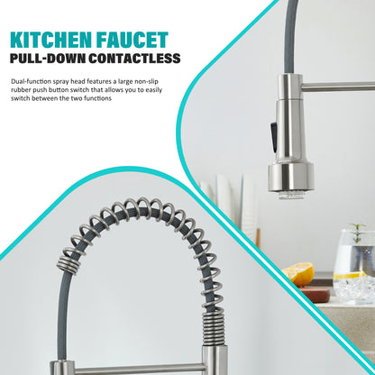 LED Single Handle Pull Down Sprayer Kitchen Faucet with Advanced Spray 1-Hole Brass Kitchen Sink Taps in Brushed Nickel