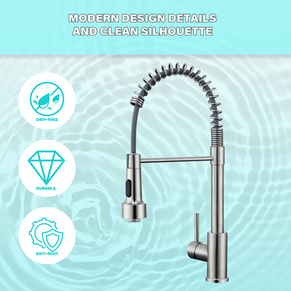 LED Single Handle Pull Down Sprayer Kitchen Faucet with Advanced Spray 1-Hole Brass Kitchen Sink Taps in Brushed Nickel