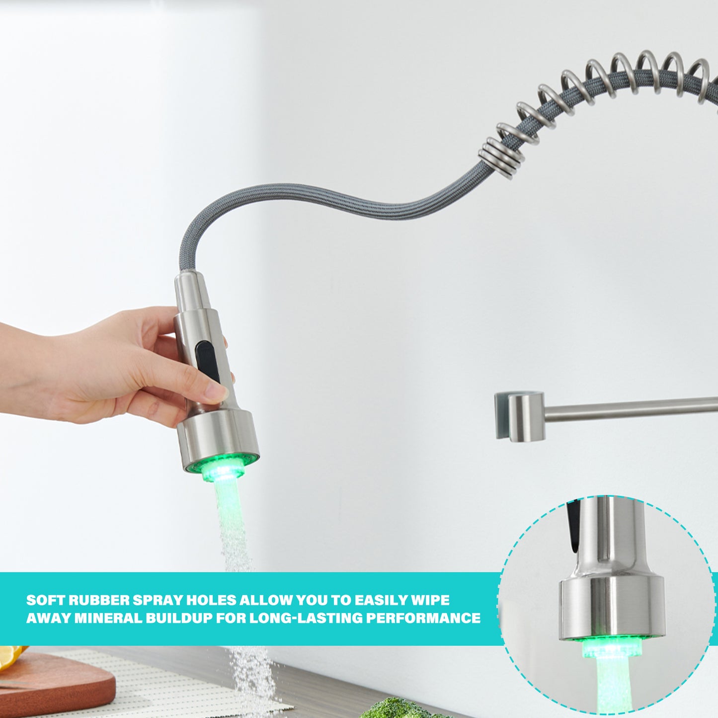 LED Single Handle Pull Down Sprayer Kitchen Faucet with Advanced Spray 1-Hole Brass Kitchen Sink Taps in Brushed Nickel