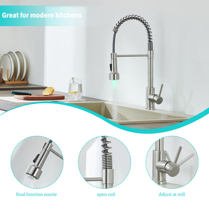 LED Single Handle Pull Down Sprayer Kitchen Faucet with Advanced Spray 1-Hole Brass Kitchen Sink Taps in Brushed Nickel