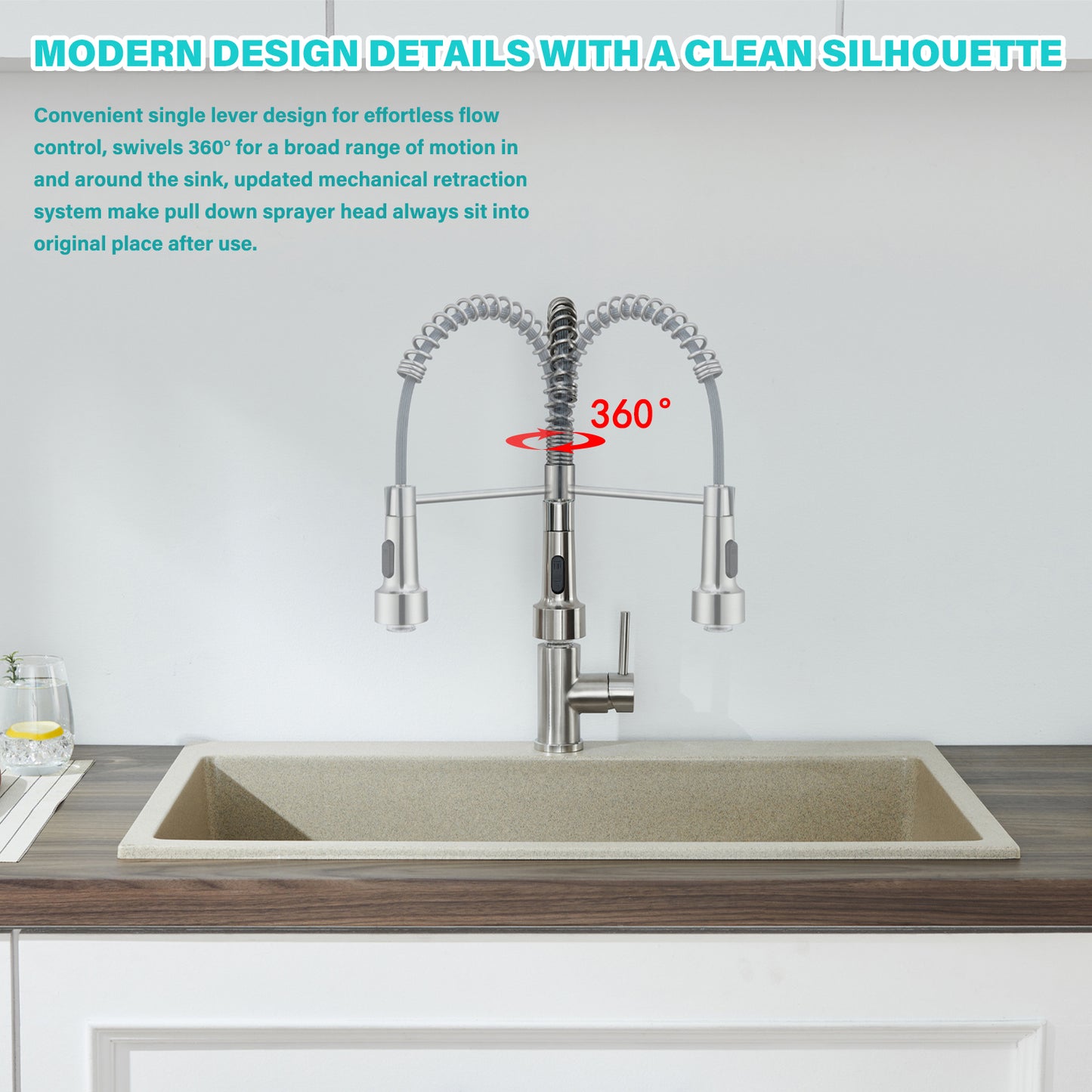 LED Single Handle Pull Down Sprayer Kitchen Faucet with Advanced Spray 1-Hole Brass Kitchen Sink Taps in Brushed Nickel