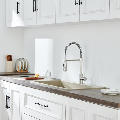 LED Single Handle Pull Down Sprayer Kitchen Faucet with Advanced Spray 1-Hole Brass Kitchen Sink Taps in Brushed Nickel