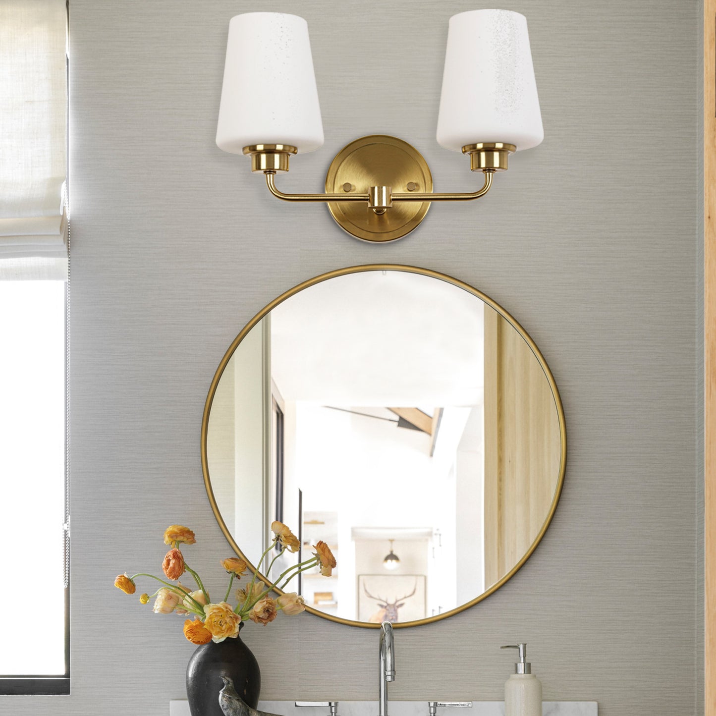 2-Light White Plus Gold Bathroom Vanity Light with Shade