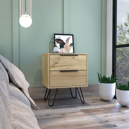 2-Drawer Nightstand Side Table, Light Oak, Four Metal Legs