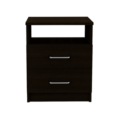 Black Nightstand with 2 Drawers and Open Shelf, Modern Bedside Table
