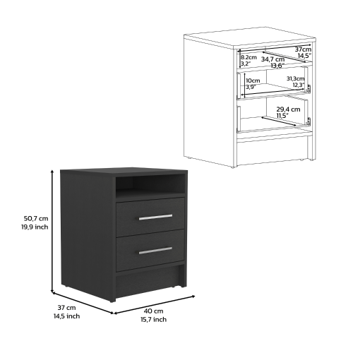 Black Nightstand with 2 Drawers & Open Shelf