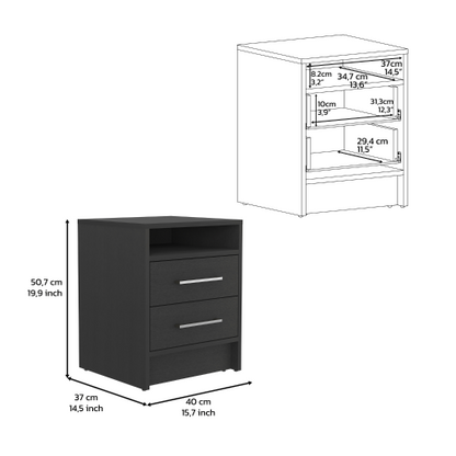 Black Nightstand with 2 Drawers & Open Shelf