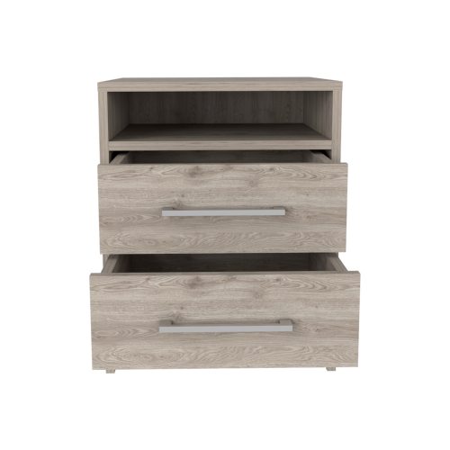 Light Gray 2-Drawer Nightstand with Open Shelf & Metal Handles, 19.9inchH
