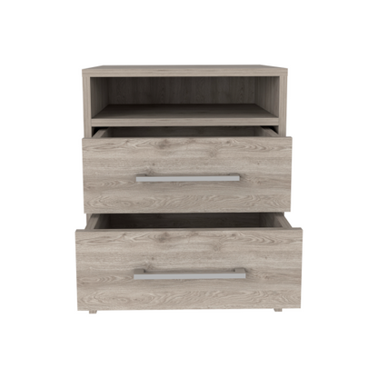 Light Gray 2-Drawer Nightstand with Open Shelf & Metal Handles, 19.9inchH