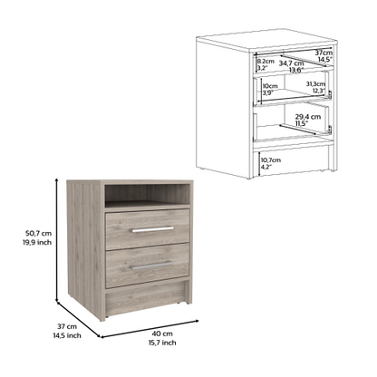 Light Gray 2-Drawer Nightstand with Open Shelf & Metal Handles, 19.9inchH