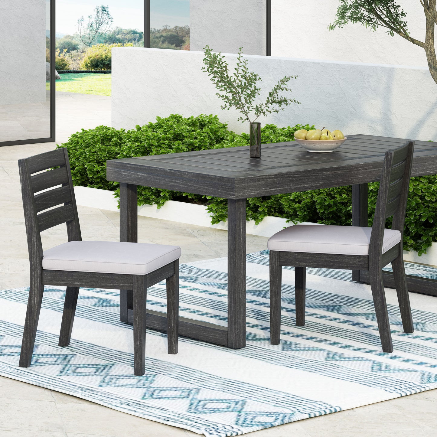 Outdoor Acacia Wood Armless Dining Chair with Cushions (Set of 2) , Sandblasted Dark Gray + Light Gray