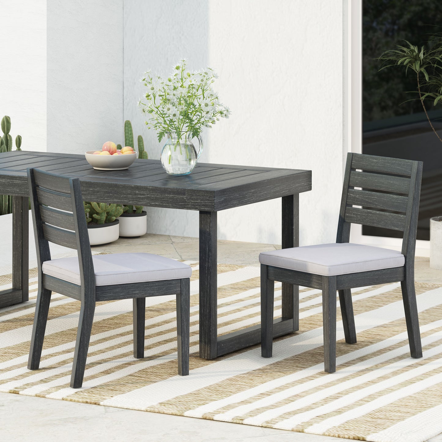 Outdoor Acacia Wood Armless Dining Chair with Cushions (Set of 2) , Sandblasted Dark Gray + Light Gray