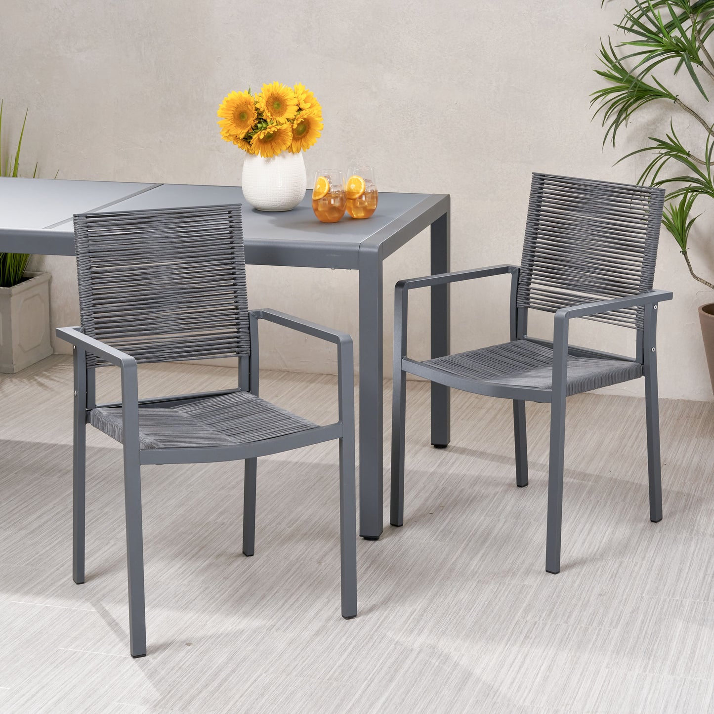 Outdoor Modern Aluminum Dining Chair with Rope Seat (Set of 2), Gray and Dark Gray