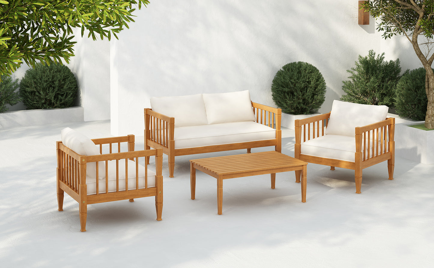 4-Piece Patio Furniture Set, Outdoor Furniture with coffee table, Patio Conversation Set Deep Seating with Thick Cushion for Backyard Porch Balcony,Teak finish