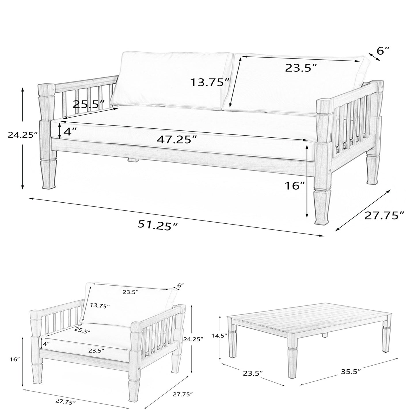 4-Piece Patio Furniture Set, Outdoor Furniture with coffee table, Patio Conversation Set Deep Seating with Thick Cushion for Backyard Porch Balcony,Teak finish
