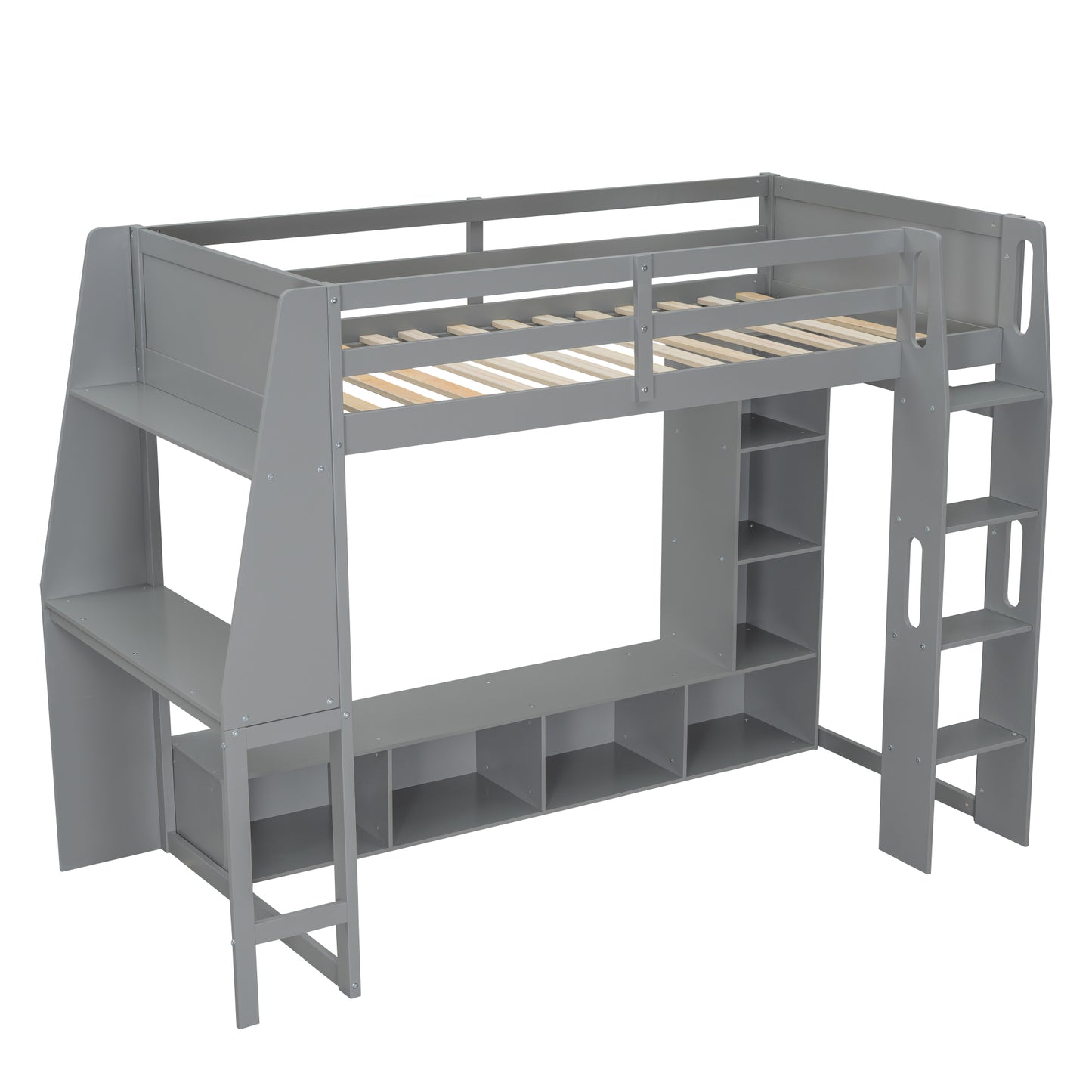 Wood Twin Size Gaming Loft Bed with Desk, Multi-storage Shelves, LED and a Hanging Clothes Rack, Gray