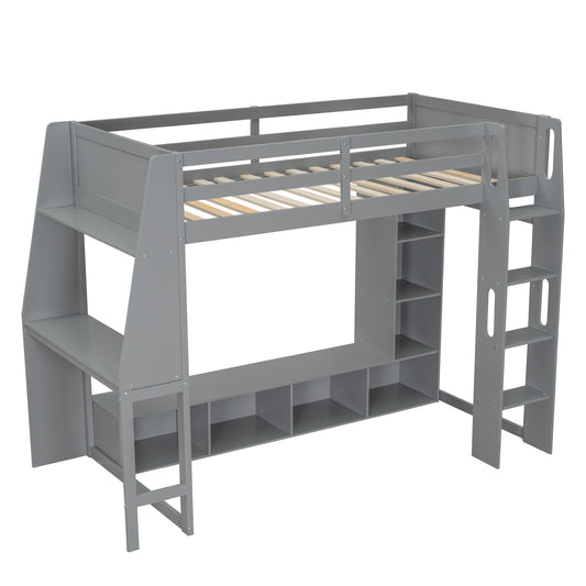 Wood Twin Size Gaming Loft Bed with Desk, Multi-storage Shelves, LED and a Hanging Clothes Rack, Gray