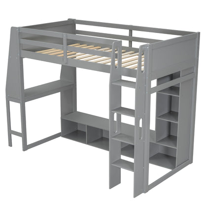 Wood Twin Size Gaming Loft Bed with Desk, Multi-storage Shelves, LED and a Hanging Clothes Rack, Gray
