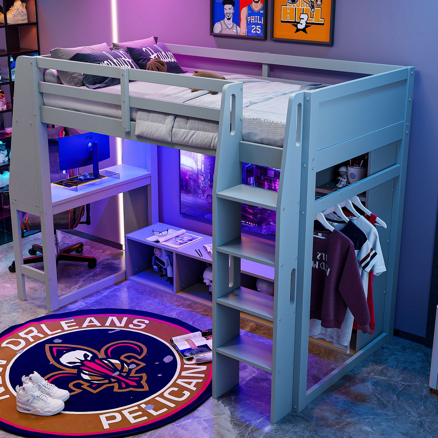 Wood Twin Size Gaming Loft Bed with Desk, Multi-storage Shelves, LED and a Hanging Clothes Rack, Gray