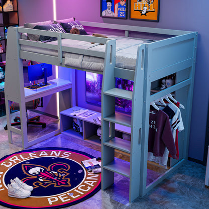 Wood Twin Size Gaming Loft Bed with Desk, Multi-storage Shelves, LED and a Hanging Clothes Rack, Gray
