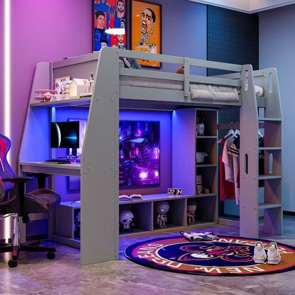 Wood Twin Size Gaming Loft Bed with Desk, Multi-storage Shelves, LED and a Hanging Clothes Rack, Gray