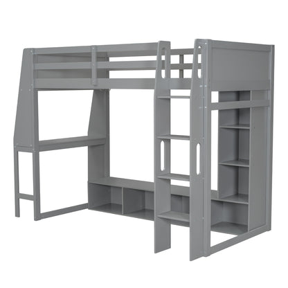 Wood Twin Size Gaming Loft Bed with Desk, Multi-storage Shelves, LED and a Hanging Clothes Rack, Gray