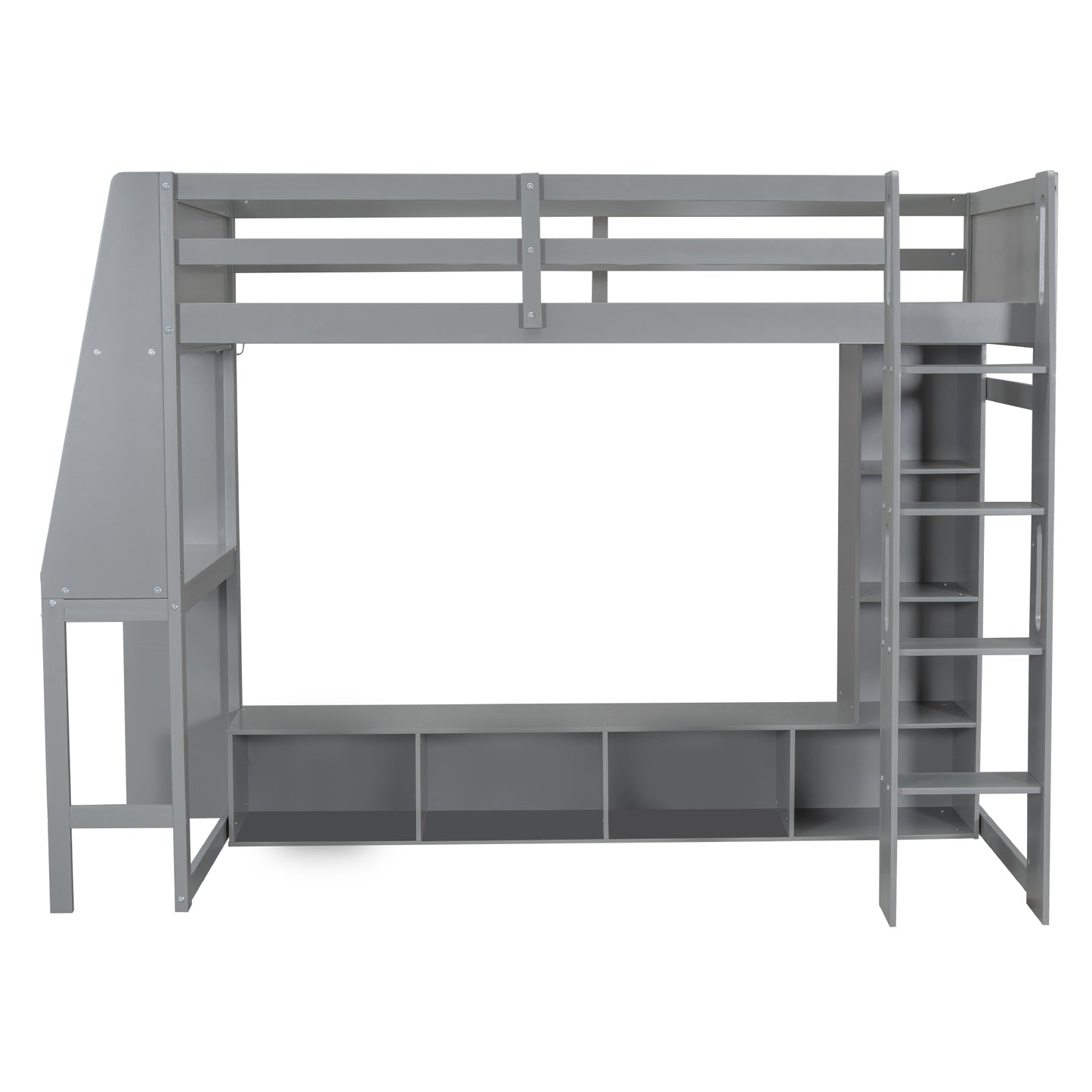 Wood Twin Size Gaming Loft Bed with Desk, Multi-storage Shelves, LED and a Hanging Clothes Rack, Gray