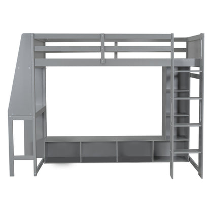 Wood Twin Size Gaming Loft Bed with Desk, Multi-storage Shelves, LED and a Hanging Clothes Rack, Gray