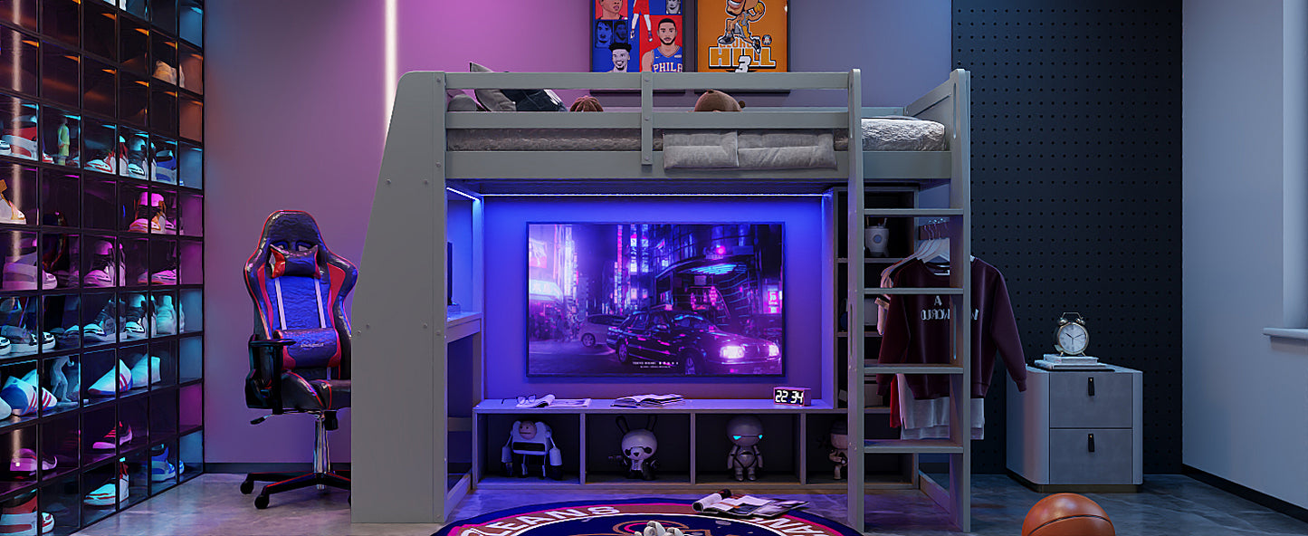 Wood Twin Size Gaming Loft Bed with Desk, Multi-storage Shelves, LED and a Hanging Clothes Rack, Gray