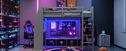 Wood Twin Size Gaming Loft Bed with Desk, Multi-storage Shelves, LED and a Hanging Clothes Rack, Gray