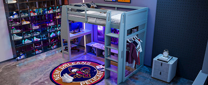 Wood Twin Size Gaming Loft Bed with Desk, Multi-storage Shelves, LED and a Hanging Clothes Rack, Gray
