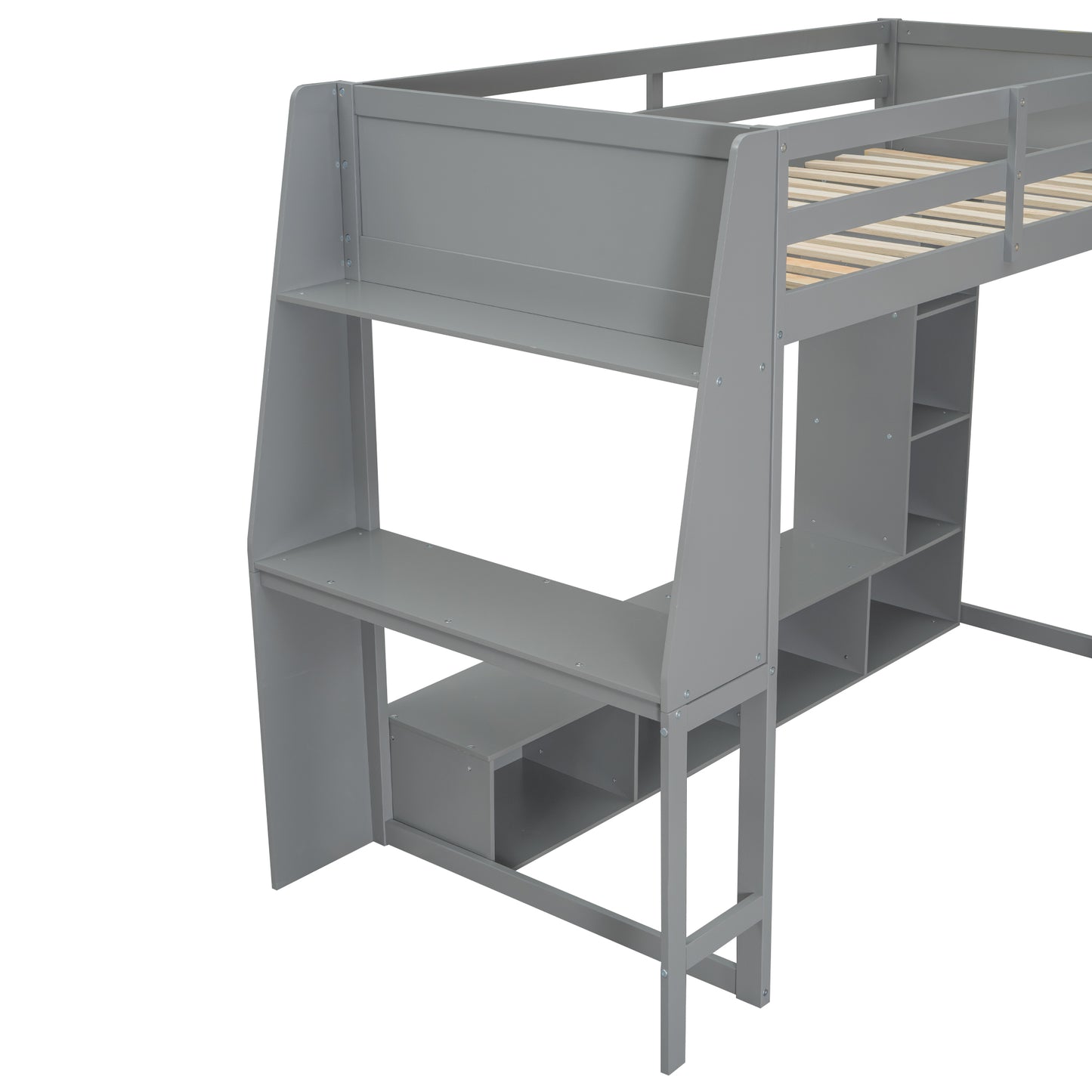 Wood Twin Size Gaming Loft Bed with Desk, Multi-storage Shelves, LED and a Hanging Clothes Rack, Gray