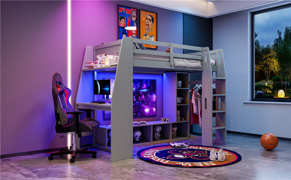 Wood Twin Size Gaming Loft Bed with Desk, Multi-storage Shelves, LED and a Hanging Clothes Rack, Gray