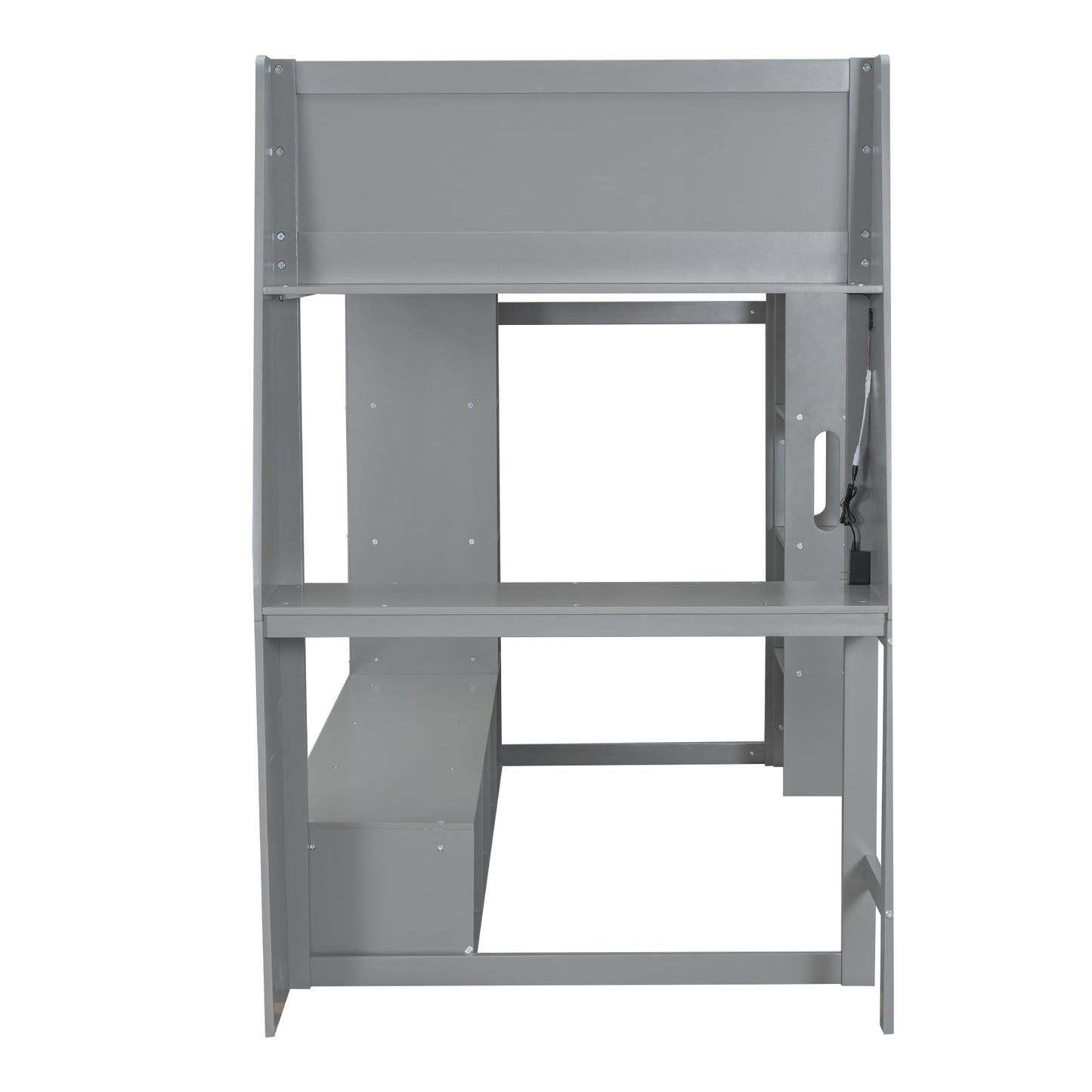 Wood Twin Size Gaming Loft Bed with Desk, Multi-storage Shelves, LED and a Hanging Clothes Rack, Gray