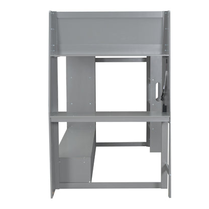 Wood Twin Size Gaming Loft Bed with Desk, Multi-storage Shelves, LED and a Hanging Clothes Rack, Gray