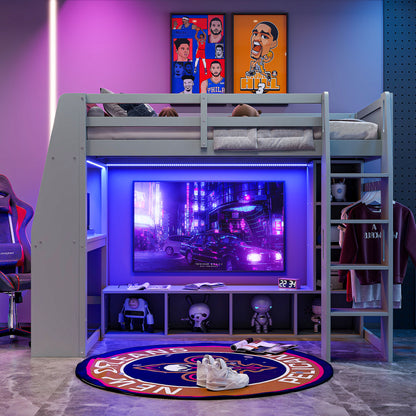Wood Twin Size Gaming Loft Bed with Desk, Multi-storage Shelves, LED and a Hanging Clothes Rack, Gray