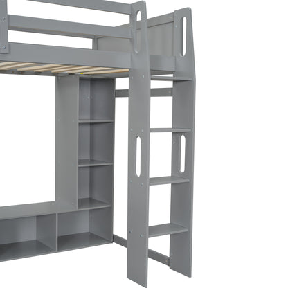 Wood Twin Size Gaming Loft Bed with Desk, Multi-storage Shelves, LED and a Hanging Clothes Rack, Gray