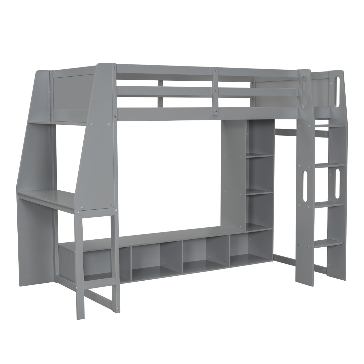 Wood Twin Size Gaming Loft Bed with Desk, Multi-storage Shelves, LED and a Hanging Clothes Rack, Gray