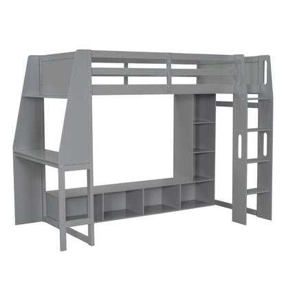 Wood Twin Size Gaming Loft Bed with Desk, Multi-storage Shelves, LED and a Hanging Clothes Rack, Gray