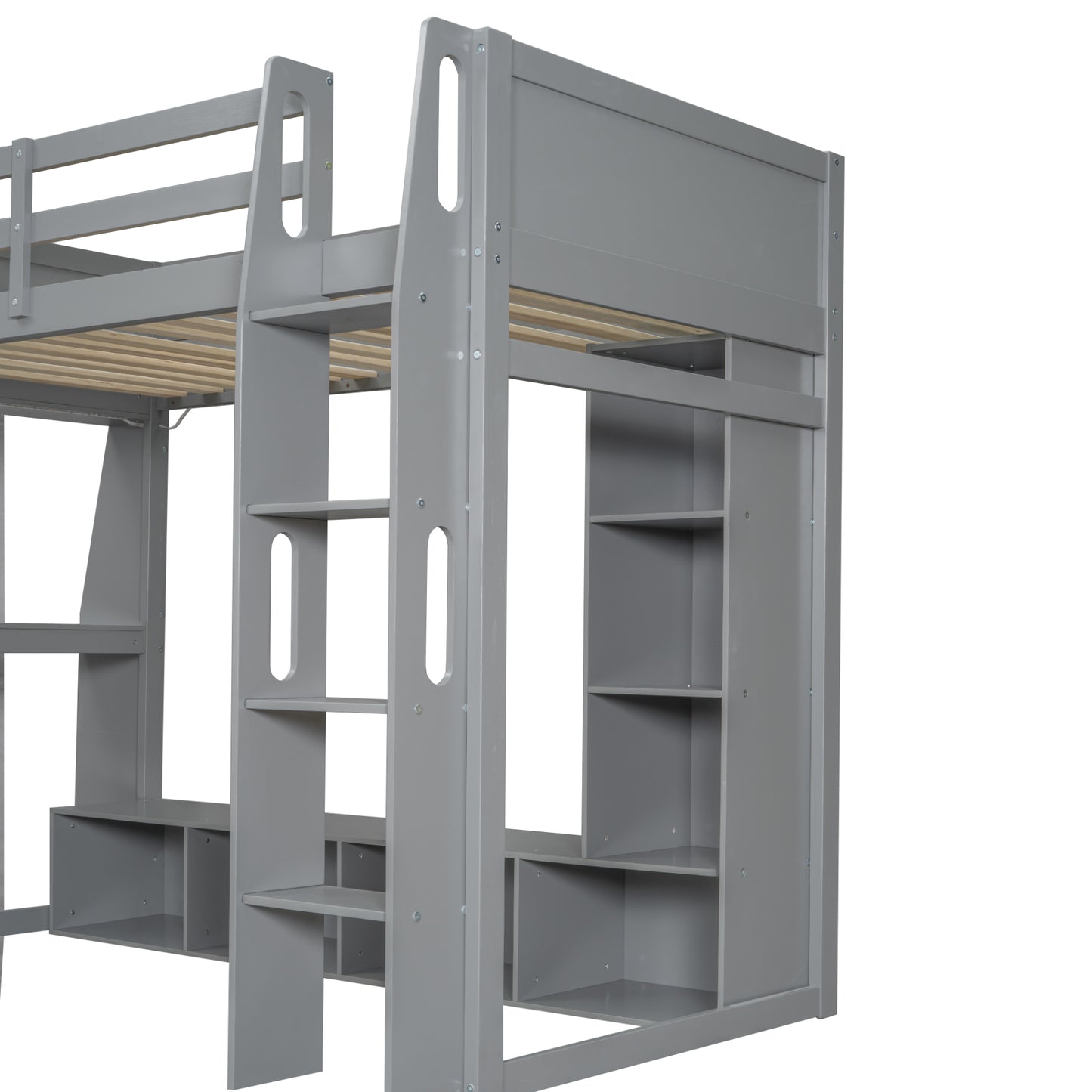 Wood Twin Size Gaming Loft Bed with Desk, Multi-storage Shelves, LED and a Hanging Clothes Rack, Gray