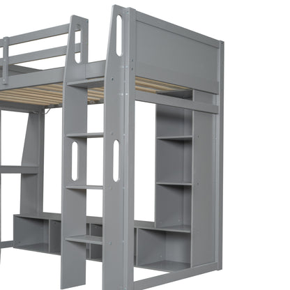 Wood Twin Size Gaming Loft Bed with Desk, Multi-storage Shelves, LED and a Hanging Clothes Rack, Gray