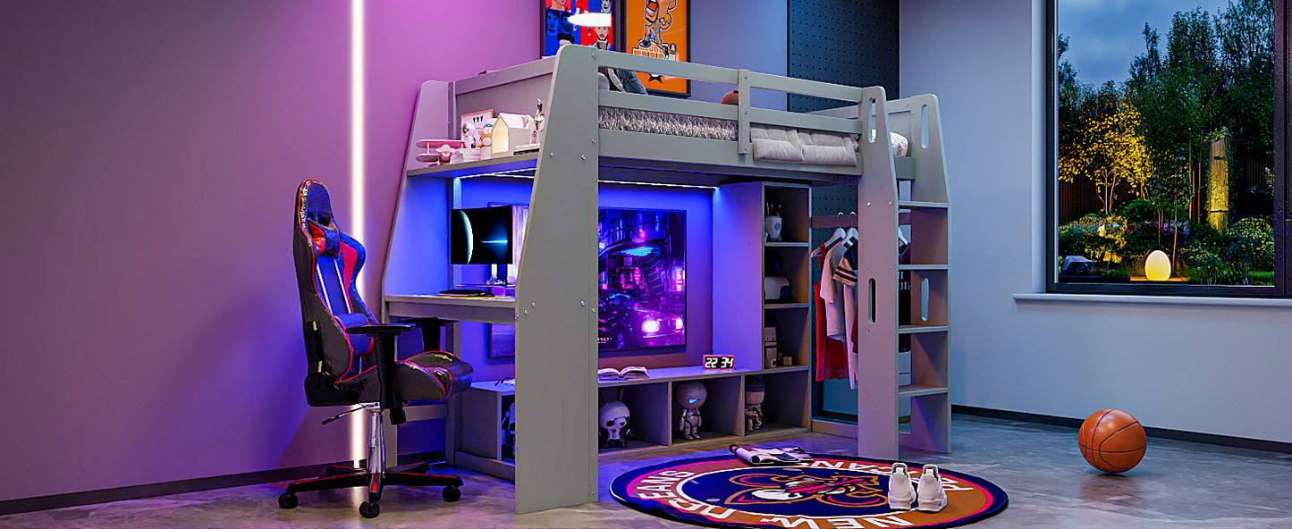 Wood Twin Size Gaming Loft Bed with Desk, Multi-storage Shelves, LED and a Hanging Clothes Rack, Gray