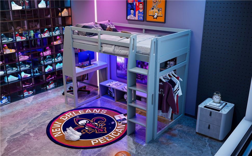 Wood Twin Size Gaming Loft Bed with Desk, Multi-storage Shelves, LED and a Hanging Clothes Rack, Gray