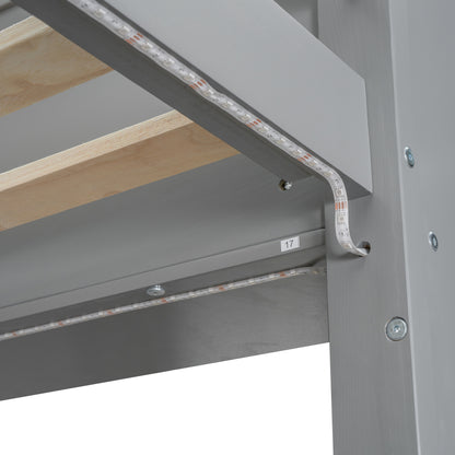 Wood Twin Size Gaming Loft Bed with Desk, Multi-storage Shelves, LED and a Hanging Clothes Rack, Gray