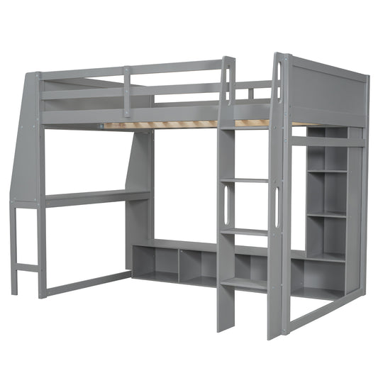 Wood Full Size Gaming Loft Bed with Desk, Multi-storage Shelves, LED and a Hanging Clothes Rack, Gray