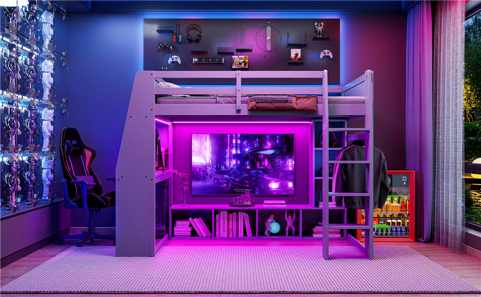 Wood Full Size Gaming Loft Bed with Desk, Multi-storage Shelves, LED and a Hanging Clothes Rack, Gray